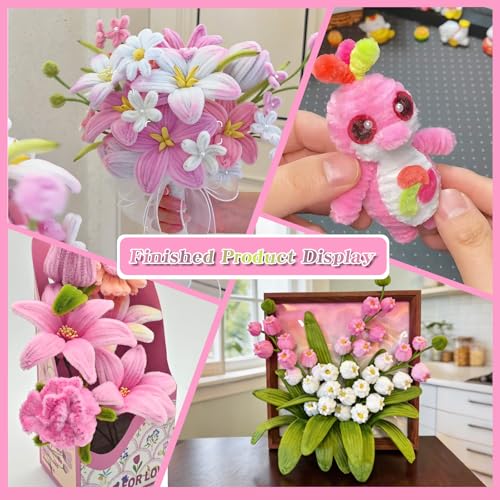 Image of Pipe Cleaners Crafts,Craft Supplies,200PCS Pipe Cleaner Arts and Crafts,Chenille Stems Art Supplies for Projects Creative DIY Room Decor,Pink Handmade Flower Cute Valentine's Day Gift,Squishy Toys