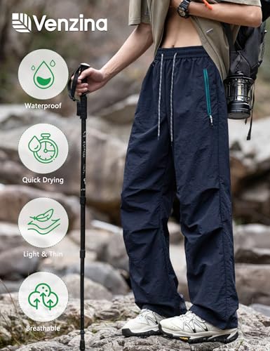 Image of Venzina Men's Parachute Cargo Trousers Lightweight Quick-Drying Hiking Pants Water Resistant Drawstring Cargo Pants for Camping, Fishing, Travel, Safari, M - XXL