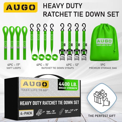 Image of AUGO Heavy Duty Ratchet Straps & Soft Loops - Pack of 4 Extra Strong 1.5 inch by 15' Ratchet Straps w /S-Hook Safety Latches & 4 Soft Loop Tie Downs - 4400Lb Break Strength for Motorcycles, ATVs, Etc.
