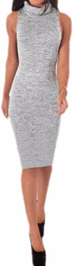 Women Turtleneck Sleeveless Maxi Knit Sweater Bodycon Pencil Party Dress Light Gray S