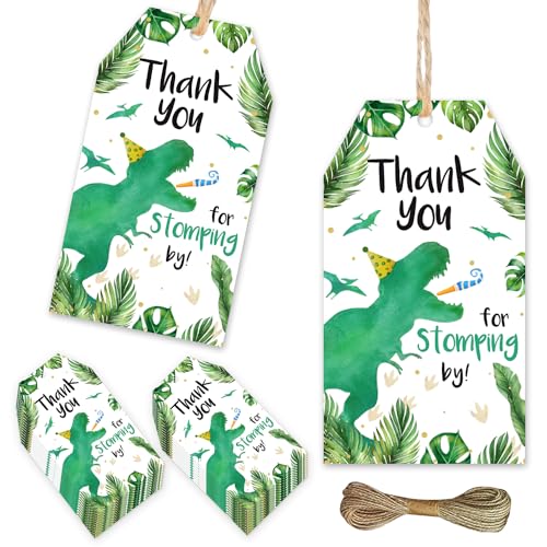 Étiquettes de remerciement dinosaures pour décorer une table de baptême