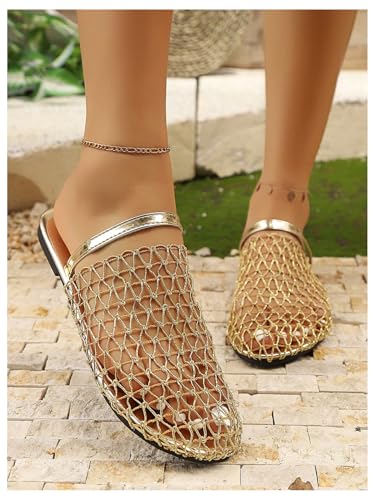 GORGLITTER Women's Fishnet Mesh Close Toe Flat Sandals Metallic Hollow Out Slip On Slides3