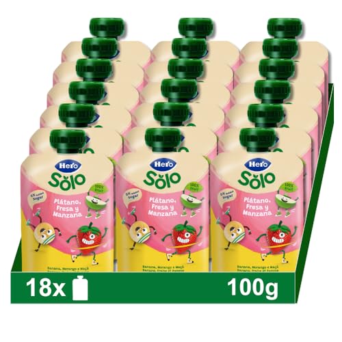 Hero - Bolsitas con Plátano, Fresa y Manzana, Para Bebés a Partir de los 12 Meses - Pack de 18 x 100 g, El embalaje puede variar