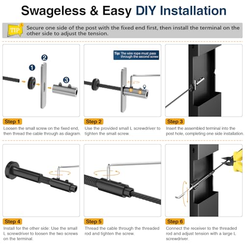 Image of Patented 1 /8 inch Swageless Invisible Cable Railing Kit Hardware for Stair Cable Railing System (Black, Terminal & Fixed End-24 Pack)