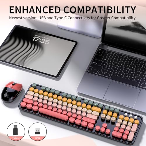 Image of Wireless Keyboard and Mouse, MOFII 104 Round Keycaps Retro Typewriter with OTG & Brush, Full-Size Ergonomic, Ideal for Windows PC, Home, Office and College Rainbow Red