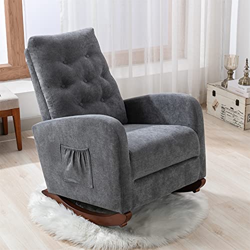 Living Room High Back Rocking Chair Nursery Chair, Comfortable Rocker Fabric Padded Seat, Modern High Back Armchair, Upholstered Rocking Chair (Dark Gray + Cotton) #TOP4