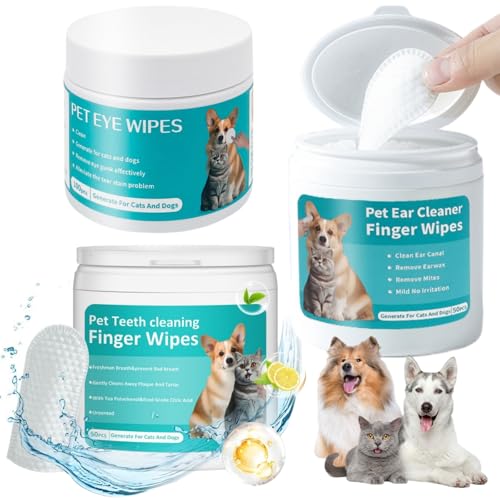 Image of Pet Cleaning Wipes Kit For Dogs&Cats,includes Ear Finger Wipes,Teeth Finger Wipes and Eyes Wipes,Gently Clean Dogs&Cats Ear Wax,Remove Plaque&Tartar Buildup and Reduce Tear Stains,Non-Irritatingogs
