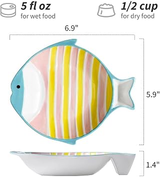Ceramic Cute Fish Shaped Cat Food Bowl Set, Pink/Yellow, 2 Pack | Shallow Wide Flat, Whisker Friendly, Nonslip, for Dry and Wet Food, for Indoor Cats