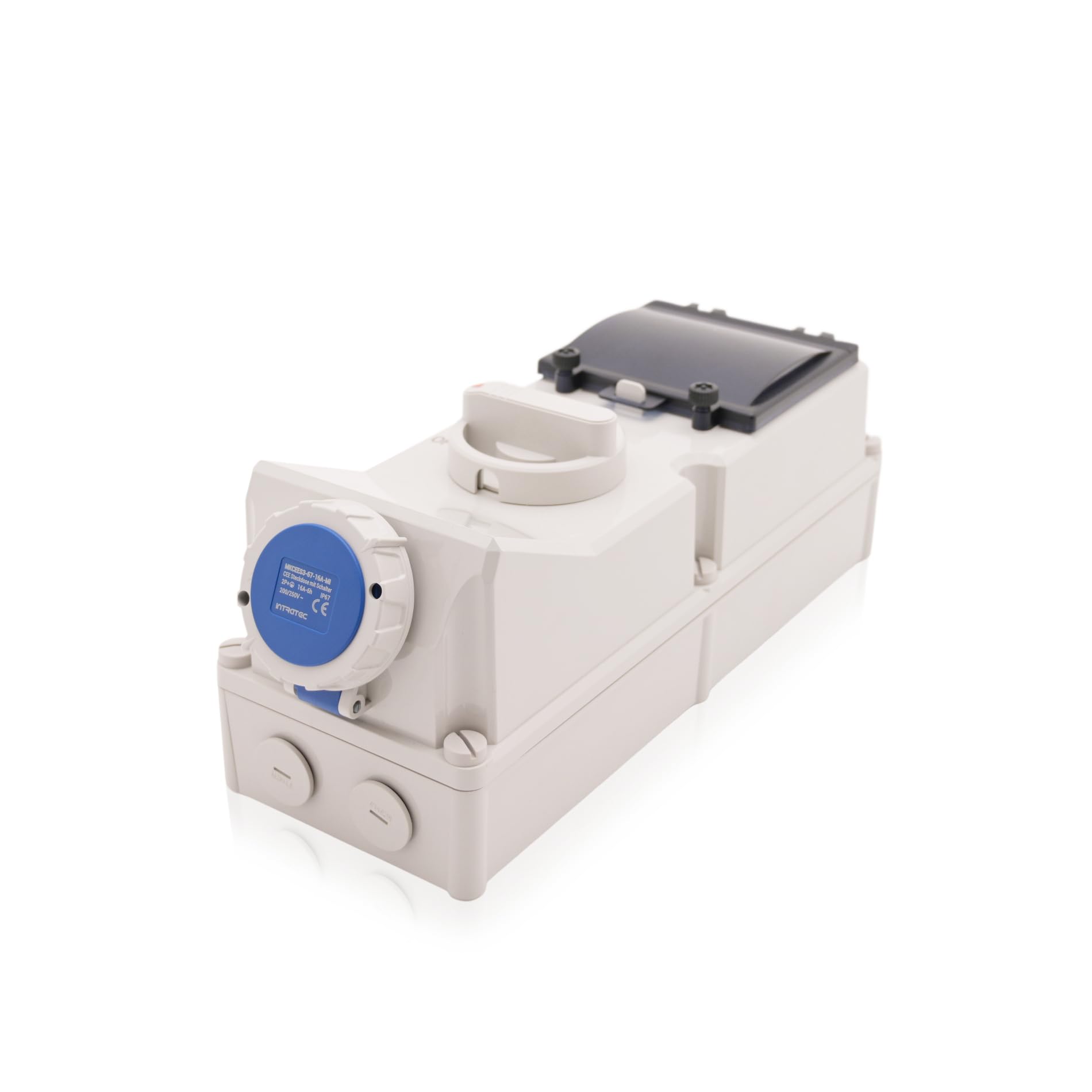 Intratec CEE Wandsteckdose 16A 3-polig IP67 – Schalter abschließbar, DIN-Schiene für LS/FI, vorverdrahtet, 230V AC, Abdeckung transparent, ABS-Gehäuse Grau