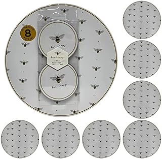 BONAFIDE Set of 8 Piece Coaster & Placemat Set- Cork Round Place Setting Placemats- Table Mats with Printed Bumble Bees- Tabletop Protection for Office, Kitchen, Home, Restaurant.