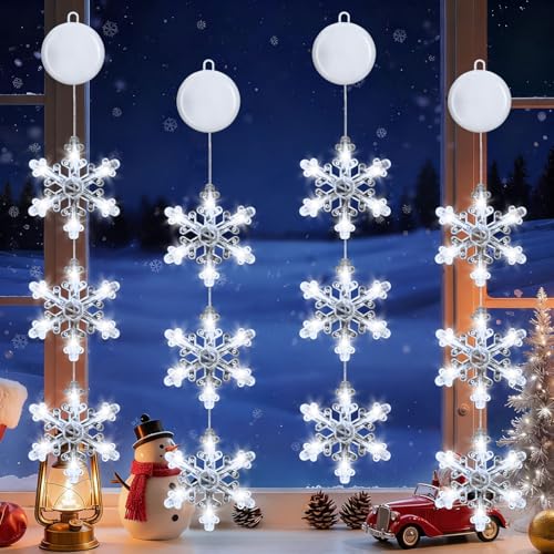 Éclairage de Noël pour fenêtre intérieure - Flocon de neige éclairé avec piles, 4 LED à suspendre, lumières de Noël pour décoration d'intérieur