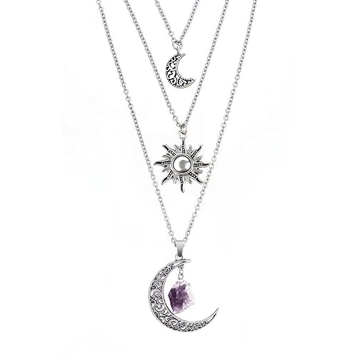 MJartoria Gothic Necklaces Chakra Sun and Moon Charm Pendant Layered Choker Necklace Set Gothic Jewelry for Women - Purple - Moon