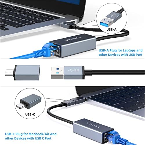 USB Ethernet Adapter, VKUSRA USB C to Ethernet Adapter, Aluminum USB 3.0 to RJ45 Gigabit Lan Adapter for MacBook Pro/Air, Surface Pro, Windows 7/8/10, XP, Vista, Linux, Chrome OS, Mac OS & More