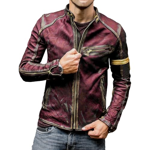QOAAIE Men's Fashion Zip Up Stand Collar Leather Jackets Vintage Lightweight Punk Coat Casual Motorcycle Biker PU Jacket (Wine Red B1,Large)