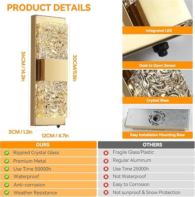 Dusk to Dawn Outdoor Lighting Fixture Wall Mounted - 14.2'' Waterproof Wall Sconce with 12W LED Bulbs Crystal Modern Outside Wall Lamp for Hallway Doorway Porch Patio Backyard, Gold, 2PCS