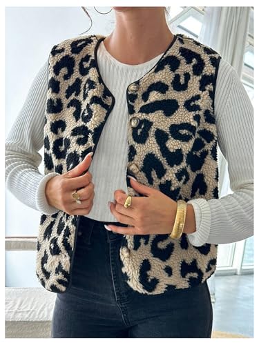 GORGLITTER Women's Leopard Sherpa Vest Fuzzy Vest Outerwear Trendy Fall Cheetah Fleece Sleeveless Old Money Coat Jacket4