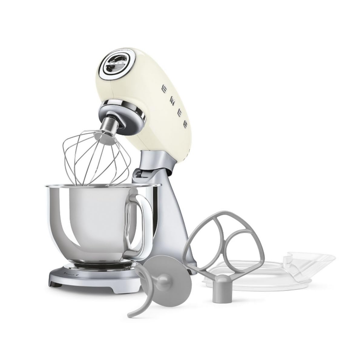 Smeg, Impastatrice Planetaria SMF04CREU, 10 Livelli di Velocità, Funzione Smooth Start e Steady Mix, Ciotola da 4,8 L, Sicurezza Blocco Motore, Inclusi 2 Fruste e Gancio Impastatore, 800 W, Panna
