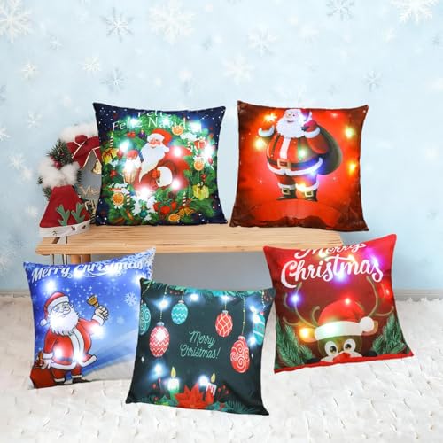 WMTBSRSW LED Light Christmas Decorative Pillow Cover Cushion Cases with LED Lights for Home Living Room Bedroom Christmas Decoration Ideal Gift- No Insert (All)