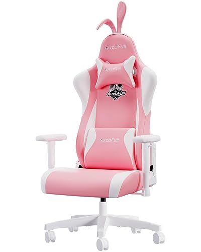 AutoFull C2 Pink Bunny Gaming Chair Ergonomic Office Chair PU Leather High Back Racing Computer Chairs with Rabbit Ears and Tail for Girls(3-Years Warranty)