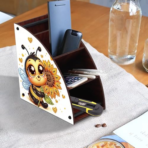 Image of Bee and Sunflower Diamond Painting Organizer - DIY Wooden Multi-Compartment Desktop Storage Box, Rustic Tabletop Craft Kit for Adults Home or Office Use