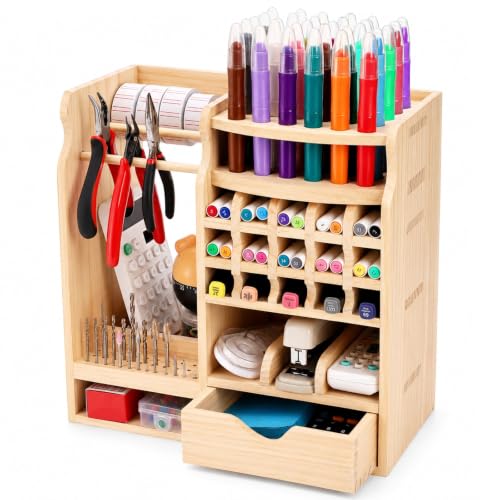 Mezchi Wooden Art Supply Organizer with Adjustable Compartments, Paint Brush & Marker Storage Holder, Artist Desk Organizer for Craft Tools, Pens, Makeup Brushes (Natural Wood Finish)
