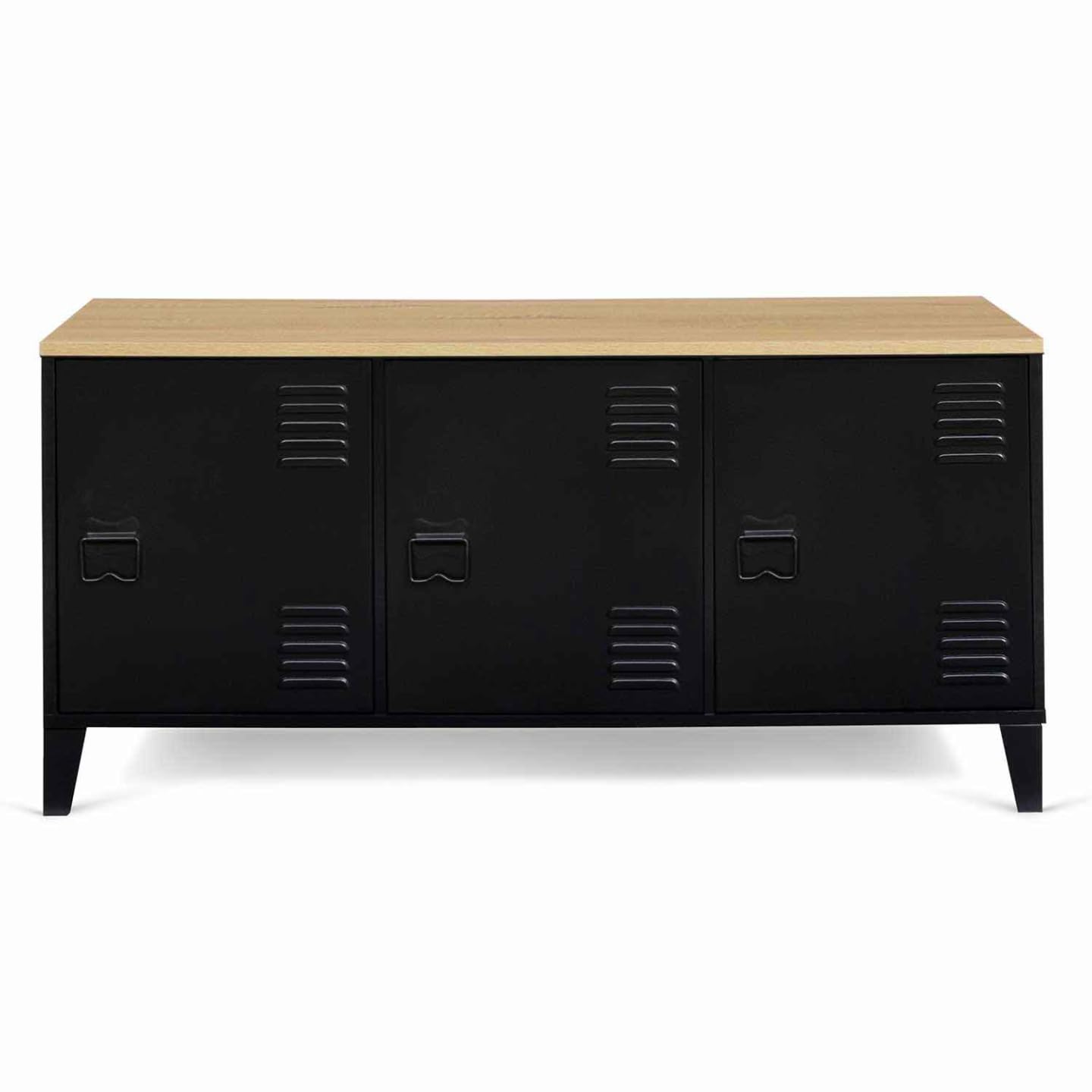 IDMarket – Aparador bajo 113 cm Ester 3 puertas metal negro bandeja madera diseño industrial
