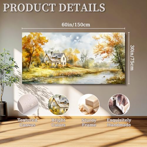 SERIMINO Autumn Nature Landscape Wall Art, Riverside Cottage Scenic Large Artwork, Rustic Farmhouse Oversized Wall Prints, Pastoral Canvas Paintings Wall Decor Living Room Bedroom Dining Room 30"X60"