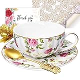TEVLAUXO Porcelain Tea Cups and Saucers Set of 1,Coffee Cup,Fine Bone China,Floral,Vintage,Flower Pattern,with Gold Trim,Spoon,Handle,Antiqued Ceramic,Espresso Drink,for Women Gift Boxes,Tea Party