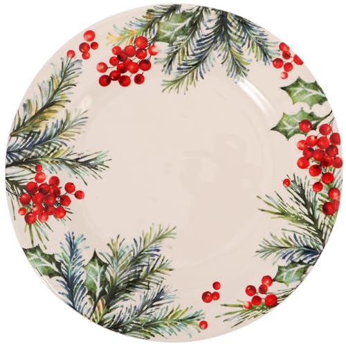 Kichvoe Plato de cerámica de Navidad, vajilla de Navidad, platos de ensalada, decoración de bayas, porcelana, hojas de invierno, postre, plato de pasta para regalos de vacaciones