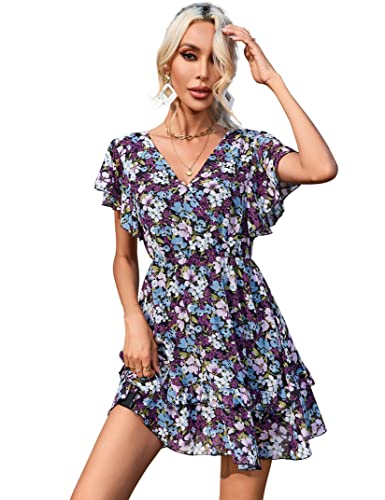 KOJOOIN Damen Sommerkleid Boho Chiffon Blumenkleid V-Ausschnitt kurz Kleid...