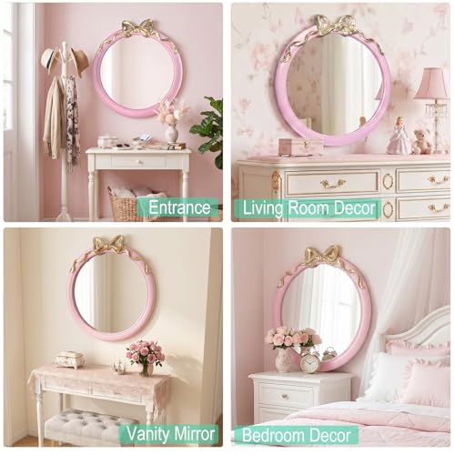 Image of 28x28 inch Pink Bow Mirrors for Wall, Round /Circle God Decorative Wall Mounted Mirror, Suitable for Bedroom, Hallway, Living Room Decoration, Nursery Room, Girl's Room