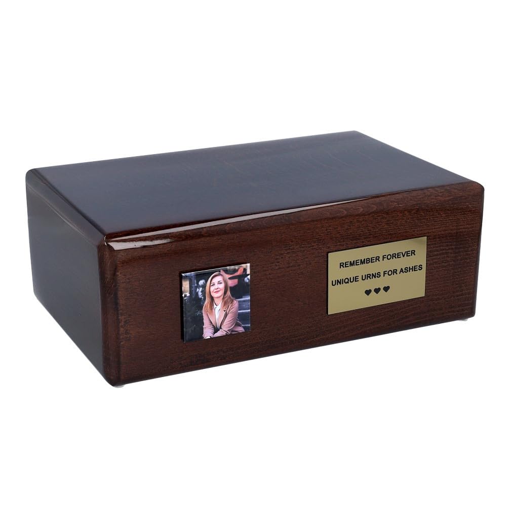 Personalized Solid Wooden Cremation Urn for Adult Ashes with Photo and Custom Memorial Plaque, Rectangular Funeral Box (Plaque YES)