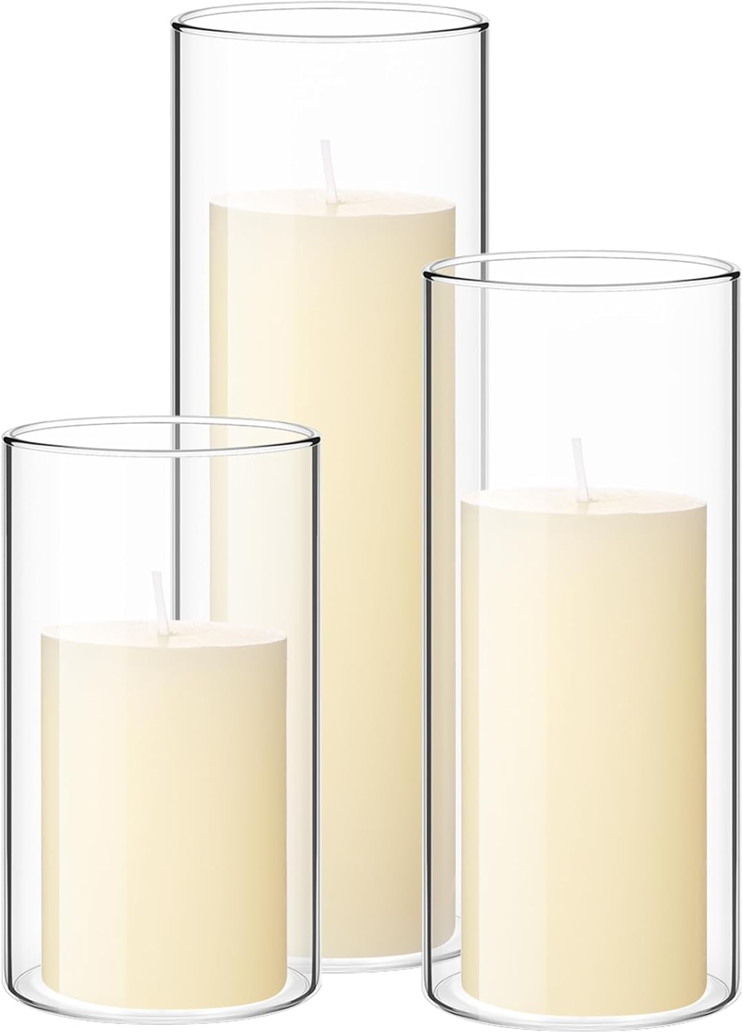 Shihanee Set of 3 Pillar Candles and 3 Glass Cylinder Candle Vases Holders Clear Pillar Jars for Wedding Centerpieces(2.6'' X 4.7'', 5.9'', 7.9'',Ivory White)