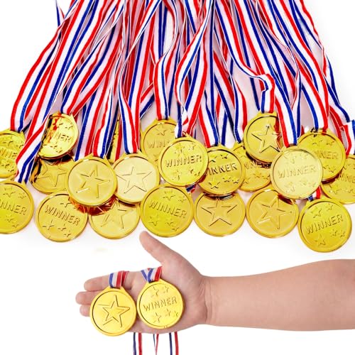 Shindel 24PCS Gold Medals, Winner Award Medals Plastic with Neck Ribbon Kindergarten Graduation Medal for Kids Field Day Awards for Sports