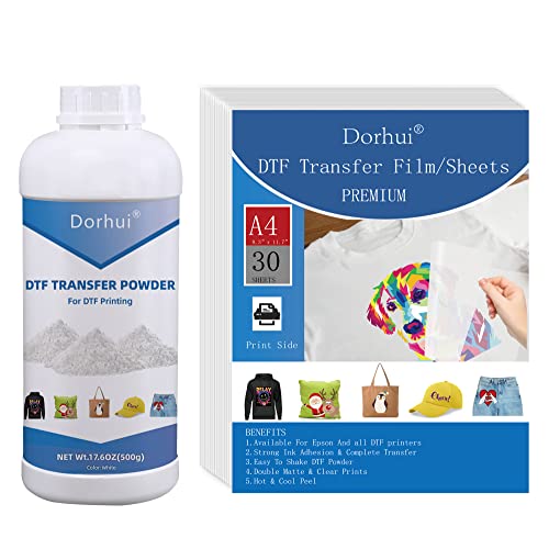 Dtf Transfer Powder Film Kit For Dtf Sublimation Printer Dtf Starter Kit Include 17.6Oz White Digital Transfer Hot Melt Adhesive And 30 Sheets Double-Sided Matte Clear Pretreat Sheets #TOP10