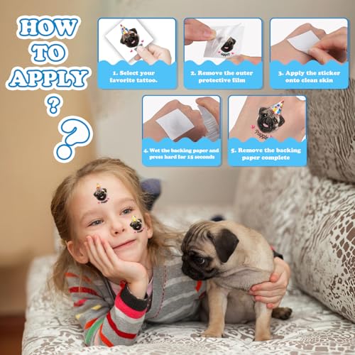 Image of Custom Dog Face Temporary Tattoos, Set of 20 | Personalized Pre-Cut Photo, Birthday Hat & Dog Name or Text, Funny Party Favors, Dog Lovers Gifts