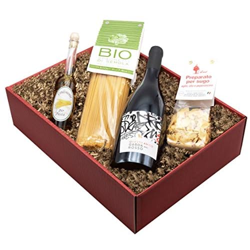 Weinpräsent Geschenkset „Aglio e Olio“ mit italienischen Spezialitäten: Italienischer Feinkost und Rotwein (1 x 0,75 l, 13 % vol.) Würzöl und Wein Garda Rosso Corvina trocken (1 x 0.75 l)