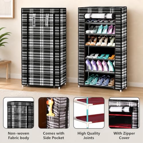 Image of Zest 4 Toyz 6 Shelf Shoe Rack for Home with Zip Door Cover & Side Pockets Shoe Stand Multipurpose Storage Rack for Footwear Toys Clothes with Dustproof Cover (Monochrome)