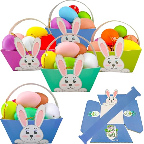 KEELYY Lot de 12 Paniers Cadeaux de Pâques, Panier de Paques en Papier, Paniers de Pâques à Assembler pour Enfants, Paniers Pâques en Papier avec Motif Lapin, Outil de Chasse aux œufs de Pâques