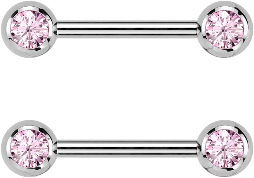Pierced Owl 14GA ASTM F-136 Implant Grade Titanium Internally Threaded CZ Crystal Ball Ends Nipple Barbells, Sold as a Pair