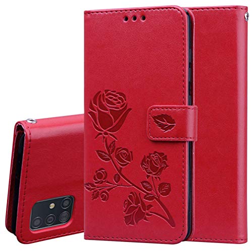 HAOYE Funda para Samsung Galaxy Note 10 Lite/A81 Funda, Suave PU Cuero Flip Carcasa Case Cover, Cubierta Magnética en Relieve de la Rosa, Billetera con Soporte/Tapa Tarjetas. Rojo