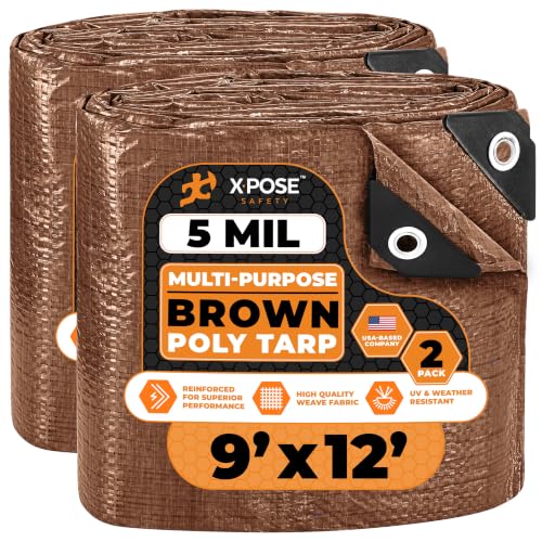 Image of Multipurpose Protective Cover Brown Poly Tarp 9' x 12' (2-Pack) - Durable, Water Resistant, Weather Resistant - 5 Mil Thick Polyethylene - by Xpose Safety