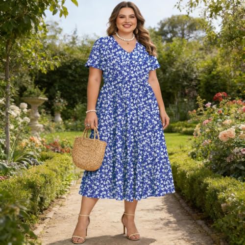 Image of Women's Plus Size Summer Dresses Floral Casual Tiered Midi Dresses V-Neck Short Sleeve Long Maxi Dress with Pockets
