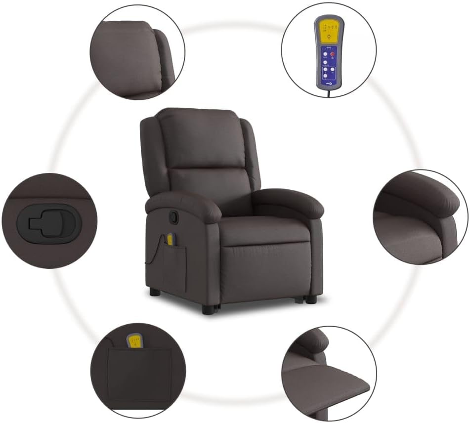 vidaXL Dark Brown Massage Recliner Chair - Real Leather, Manual/Power Lift, Vibration Massage, Durable Metal Frame for Living Room/Lounge, 3205941