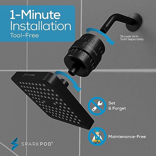 Image of SparkPod Filtered Shower Head, 23-Stage, 6 inch Square, Black Matte | Showerhead for Hard Water, High Pressure, Reduces Chlorine, Heavy Metals, For Dry Skin & Hair, Removable Capsule Filter