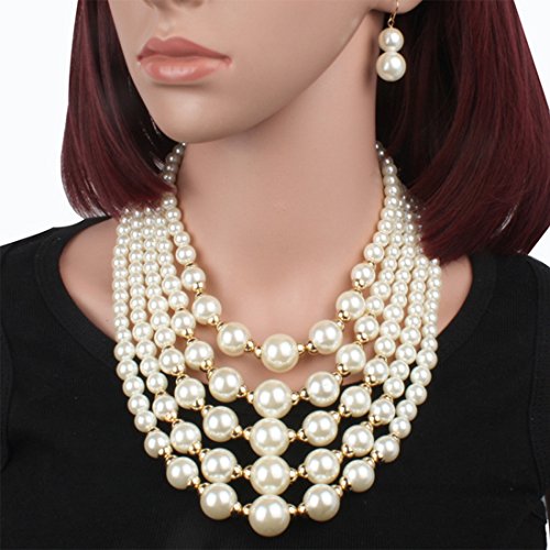 Yuhuan Women Elegant Pearl Jewelry Bead Cluster Collar Bib Choker Necklace and Earrings Set (Ivory)4