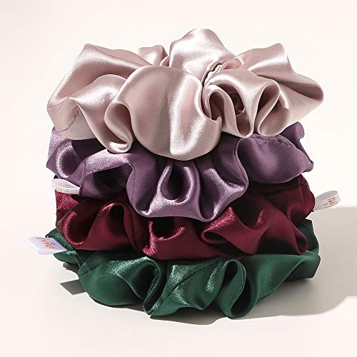 Image of Silk Scrunchies for Girls and Women - Cute Hairties for Thick, Curl, or Fine Hair, No Crease Soft Hair Accessories, Ponytail Holders (Burgundy, Purple, Pink, Green)