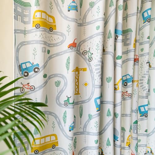 Image of Tranquebar Curtain Co. Vehicles Print Kids Room Door Curtain - Room Darkening, 213 cm (7 Feet), Multicolor, Set of 2, Cotton Fabric, Eyelet, Zoom- Door Curtains 7 Feet Long, Living Room, Bedroom