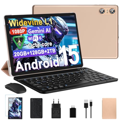 BIEGEDY Tablet 10 Pulgadas Android 15, 20GB RAM + 128GB ROM (TF 2TB), Octa-Core, Widevine L1, GMS,...