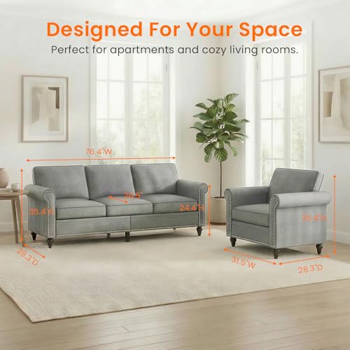Image of ijuicy 2-Piece Sectional Sofa Set, Modern Linen Couch Set (Light Gray) | with 5 inch Thicken Cushion & Nailhead Trim, Living Room Furniture Set- 3 Seat Sofa and Armchair